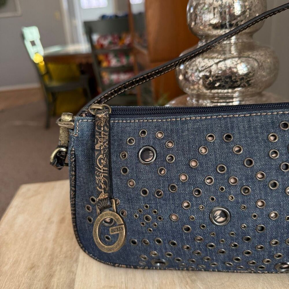 GUESS Studded Denim Mini Shoulder Bag Y2K Grommet Purse Vintage - Picture 3 of 5